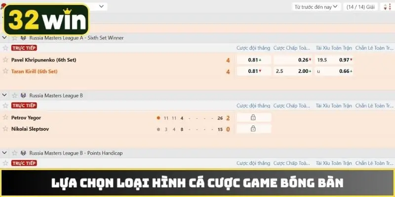 Lựa chọn loại hình cá cược game bóng bàn